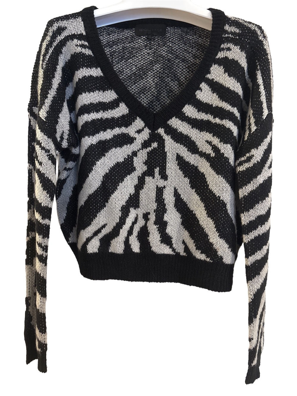 Women's Kendall + Kylie Black & White Zebra V-Neck Sweater, Size XS